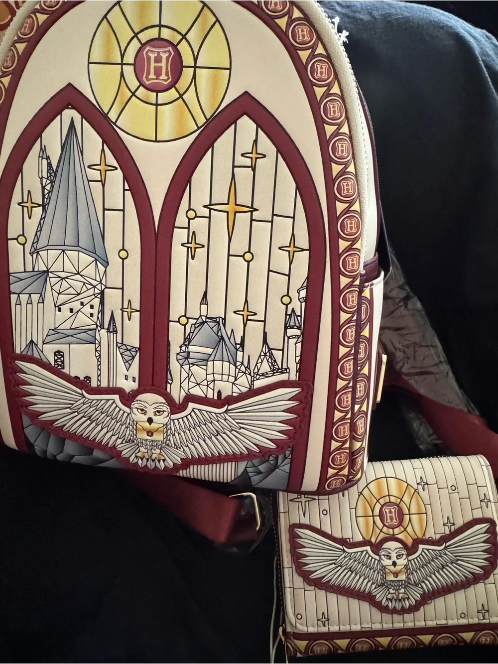 Loungefly Harry Potter stained glass Hedwig mini book bag and wallet set.